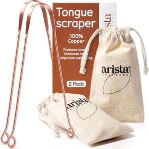 Arista 100% Copper Tongue Scraper for Adults & Kids  Metal Tongue Scraper Copper for Bad Breath, Oral Care & Hygiene  2 Pack with Travel Pouches