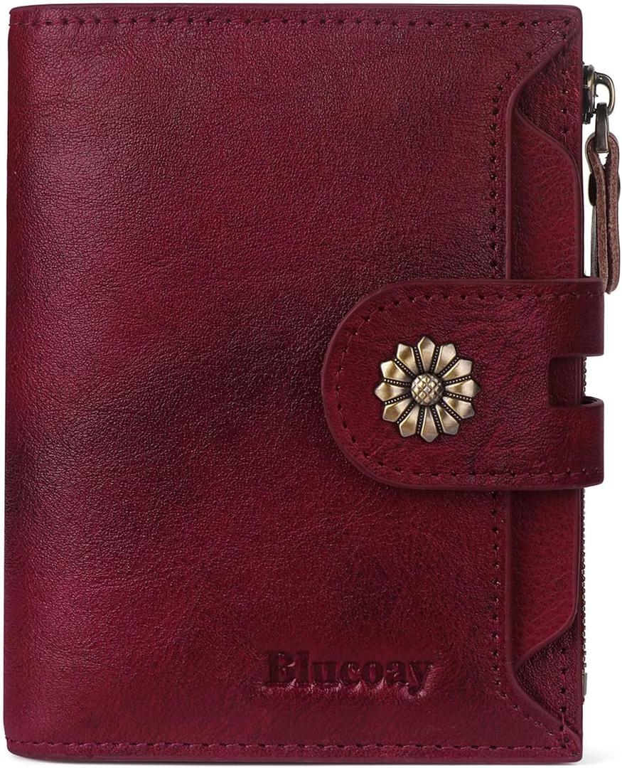 Wallet Women,RFID Blocking Real Leather Womens Wallet Bifold Compact Card Holder Small Wallet for Women with Removable ID Window Red