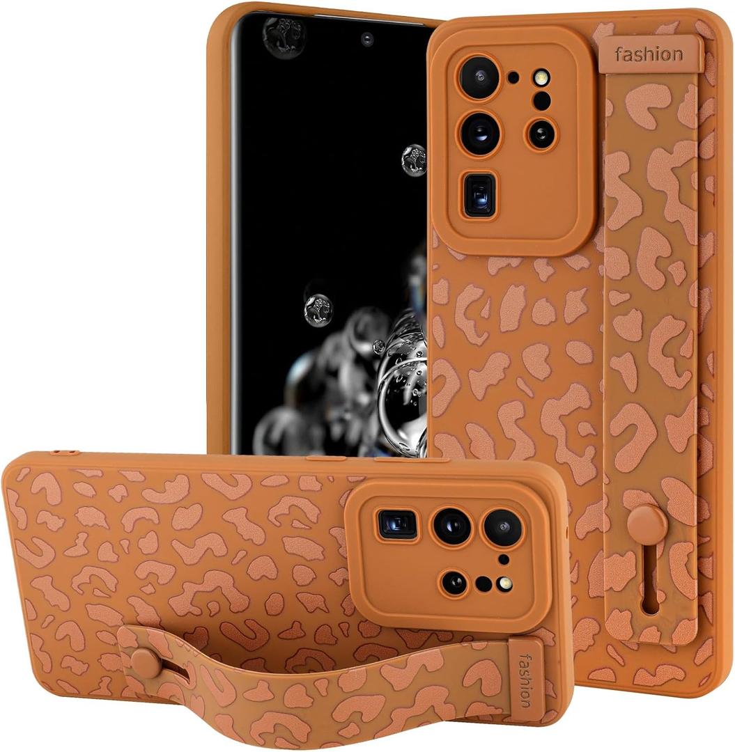 OOK Compatible with Samsung Galaxy S20 Ultra Case with Wrist Strap, Leopard Silicone Shockproof Protective Slim Anti-Scratch Cheetah Cover for Women Girls, Brown