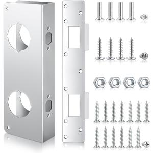 1 Set Silver Stainless Steel Lock and Door Reinforcement Plate Set Mortise Lock Conversion Kit Exterior Interior Doors Repair Kit for 1-3/4 Thick Door Double Hole Doors