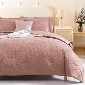 Geniospin Full Size Comforter Set - 7 Pieces Dusty Pink Bedding Set, Botanical Textured Comforter Bed Set, All Season Lightweight Bed in a Bag with Comforter, Sheets, Pillowcases & Shams (Full (80"x90"))