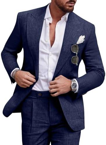 Diaryan Linen Men Suit Set Casual Tuxedo 2 Piece Regular Fit Blazer One Button Solid Jacket and Pants for Prom Wedding Party XXL