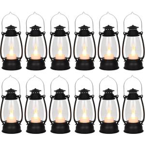 12Pcs Mini Lantern for Cowboy Halloween Christmas Wedding, Black 6" Candle Lantern with Flickering LED for Camping Western Party Decorations, Table Centerpiece, Hanging Lamp Ornaments Bulk