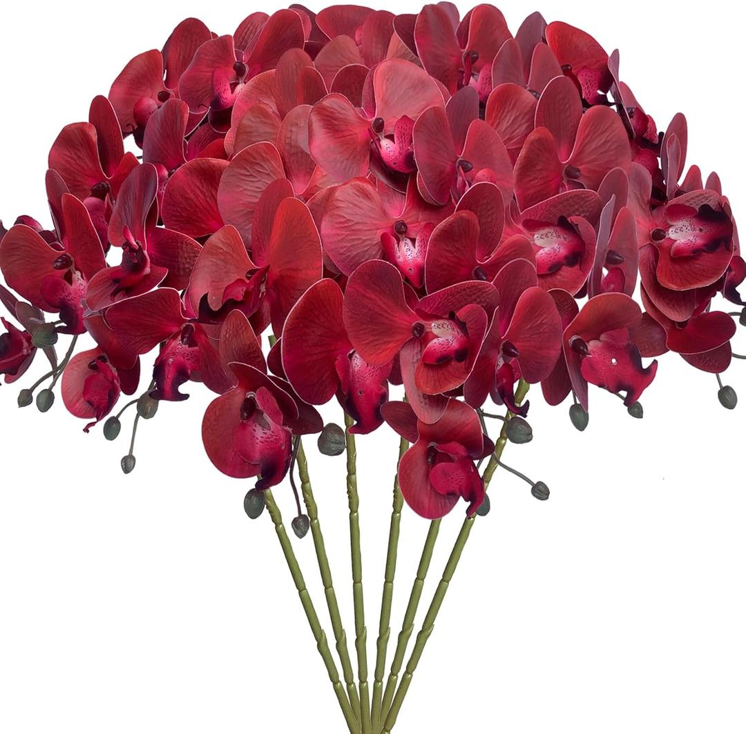 FagusHome 6 Pcs Artificial Phalaenopsis Flowers 32 Inch Artificial Orchid Flowers Stem Plants Fake Flowers for Home Dcor (Red)