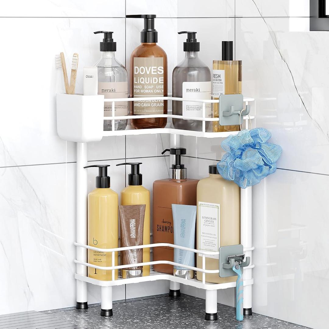 Orimade Rustproof 2 Tier Floor Standing Corner Shower Caddy Organizer with Toothbrush Holder, Large Spacing Floor Shower Shelf Rack Storage Stands with Hooks for Bathroom Kitchen, White