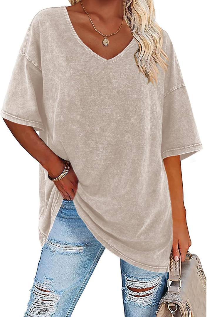 Flowyair Womens Oversized T Shirts Summer Loose Fit Cotton Short Sleeve Basic Tees Casual V Neck Boyfriend Tunic Tops (X-Large, Beige Gray)