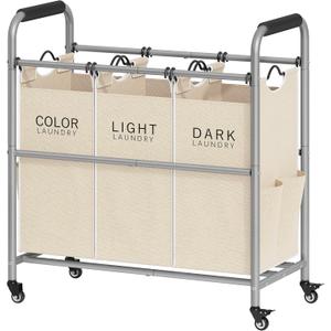Tajsoon 3 Bag Laundry Sorter Cart, Laundry Hamper Sorter Basket with Heavy Duty Lockable Rolling Wheels for Clothes Storage, Beige