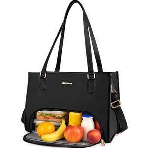 Laptop Tote Bag with Lunch Compartment for Women - 15.6 Inch Computer Vegan Leather Work Bag Handbag, Large Insulated Leakproof Lunch Box Bag with Shoulder Strap