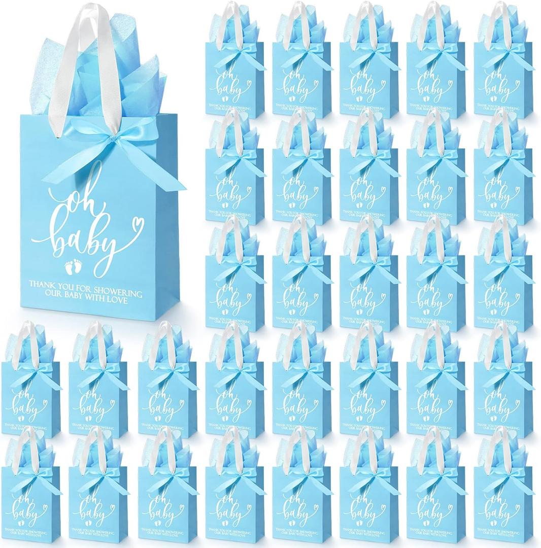 PerKoop 25 Packs Baby Shower Gifts Bags Bulk Baby Shower Party Favor Bags with Handle Paper and 25 Sheets Decorative Tissue Paper for Guests Gender Reveal Supply(Blue)