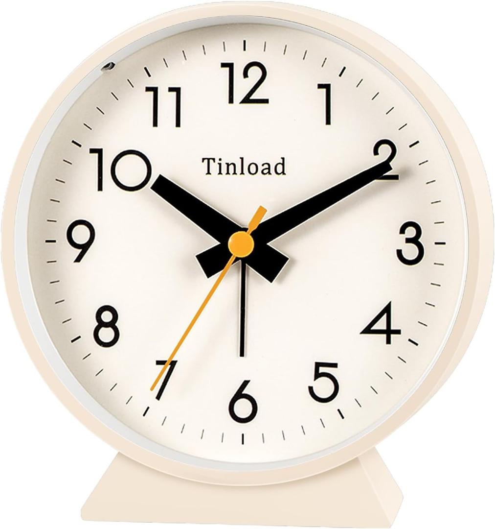 Tinload 4.5" Battery Operated Antique Retro Analog Alarm Clock, Small Silent Bedside Desk Clock,Lighted on Demand, Battery Operated, Snooze, for Living Room, Bedroom, Bedside, Desk(Cream)