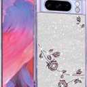 for Google Pixel 8 Pro Case Clear Glitter Sparkle Aesthetic Google Pixel 8 Pro Phone Case Silicone TPU Soft Flower Transparent Shockproof Cover Pruple Thin (Silver-Purple)