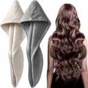 YFONG 2 Pack Large Microfiber Hair Towel Wrap, Super Absorbent Quick Dry Hair Turban for Drying Long Thick Curly Hair, Anti Frizz, Drying Towel with Button (Large: 30"X10", Gray+camel)