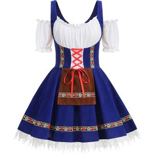 Colorful House Womens Oktoberfest Costume, Velvet German Bavarian Dress for Halloween Carnival (X-Large, Blue)