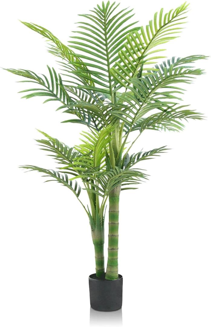 Artificial Golden Cane Palm Tree - 4FT Realistic Faux Plants Indoor with Weighted Pot, Tropical UV Resistant Fake Palm Tree for Home Bedroom Living Room Office Patio Pool Decorations Outdoor Palm Tree