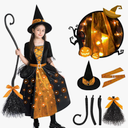 Witch Halloween Costumes for Girls, Light Up Dress with Broom and Hat, Kids Costume Glow in the Dark for Halloween Party, M