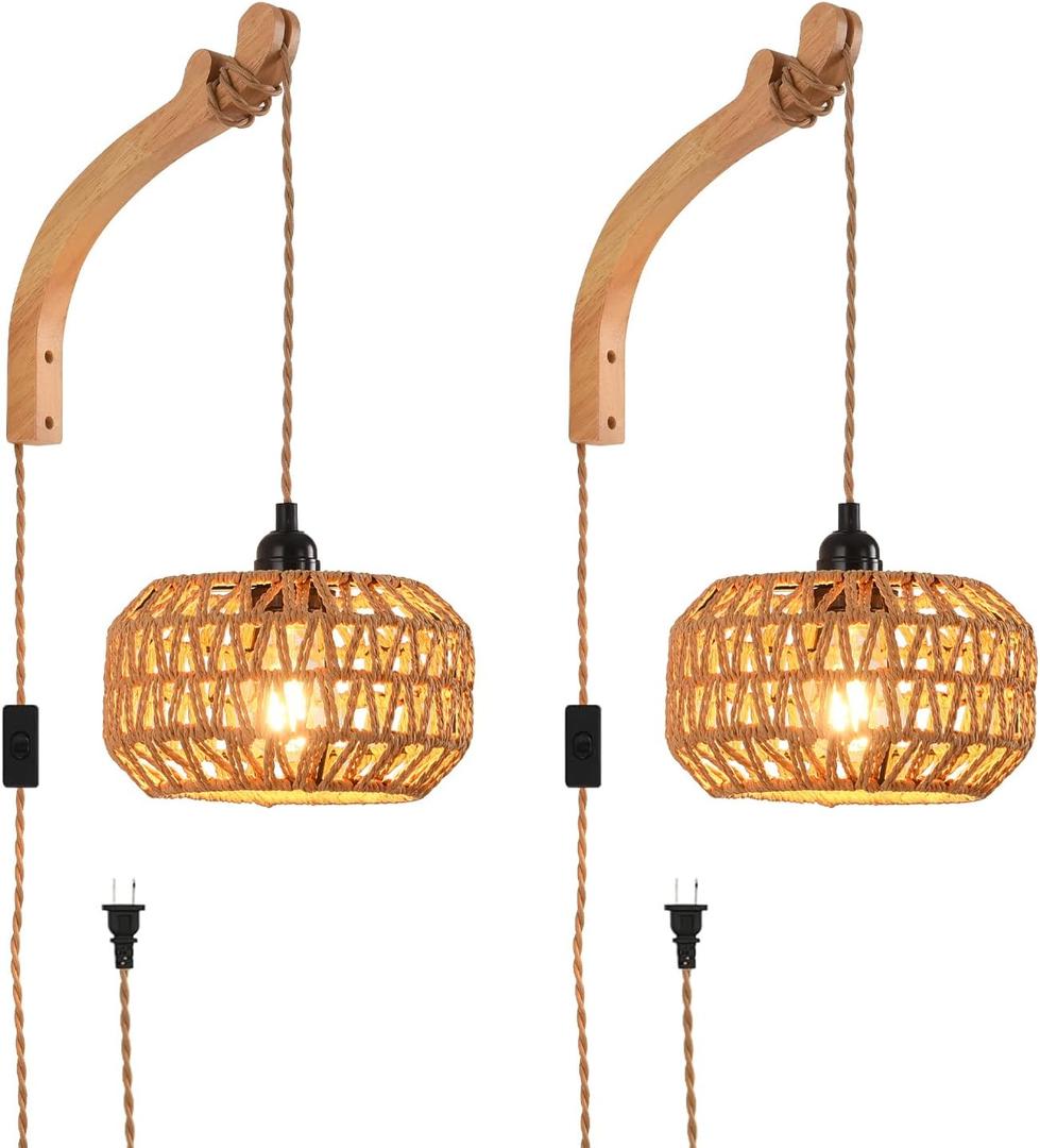 Plug in Wall Sconce,Farmhouse Wicker Wall Lamp Plug in,Hand Woven Rattan Wall Light Farmhouse Rustic Boho Sconces Wall Lighting for Living Room Bedroom (2 PACK)