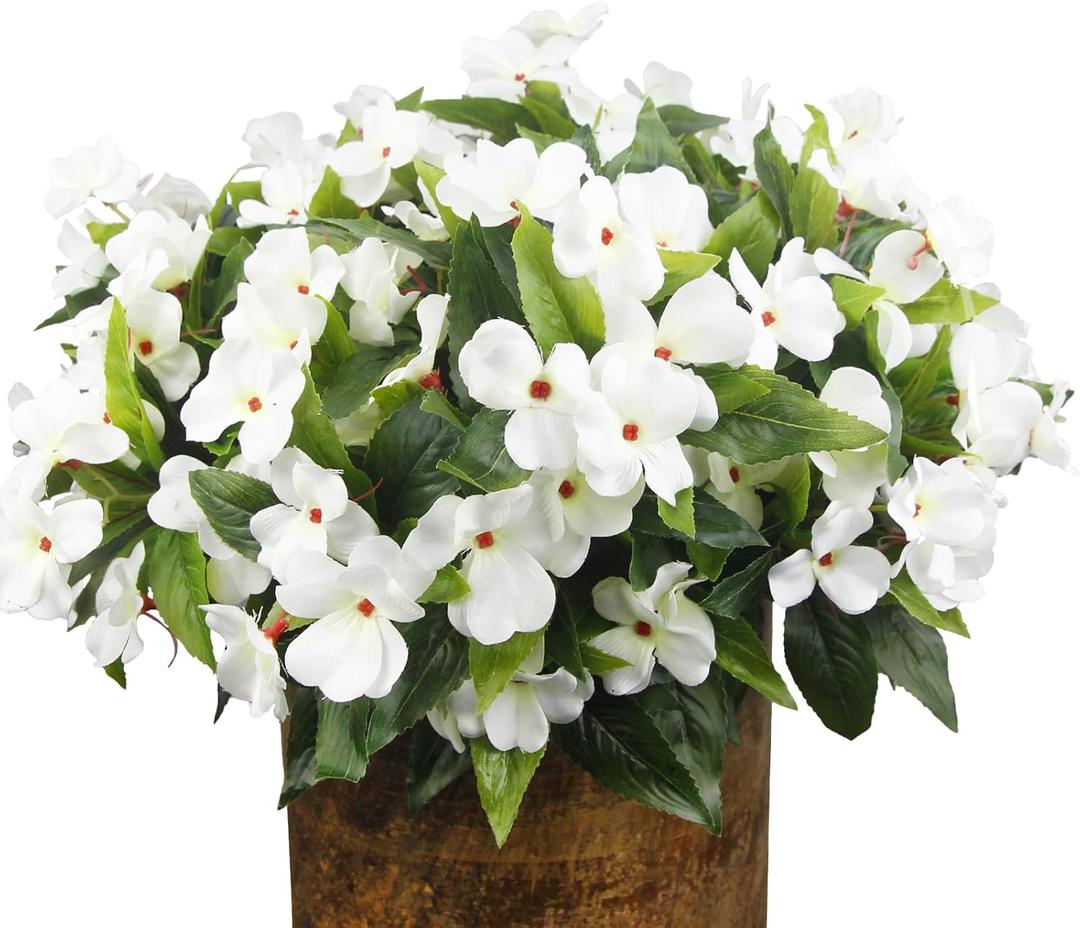 FAICOIA 8 Pcs Artificial Impatiens Flowers for Outdoors Faux Impatiens Bushes White Silk Flowers Greenery Artificial Impatiens Bouquet for Patio Lawn Garden Pot Hanging Basket Porch Decoration