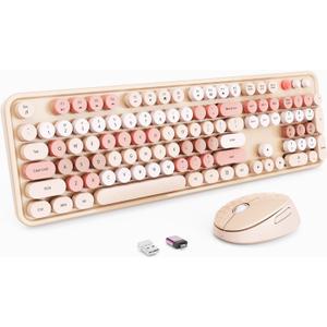 Wireless Keyboard and Mouse, Full-Size Typewriter Keyboard with Retro Round Keycaps, Ergonomic Design, Compatible with Windows PCs, Ideal for Home and Office. (Milk Tea) (Brown)