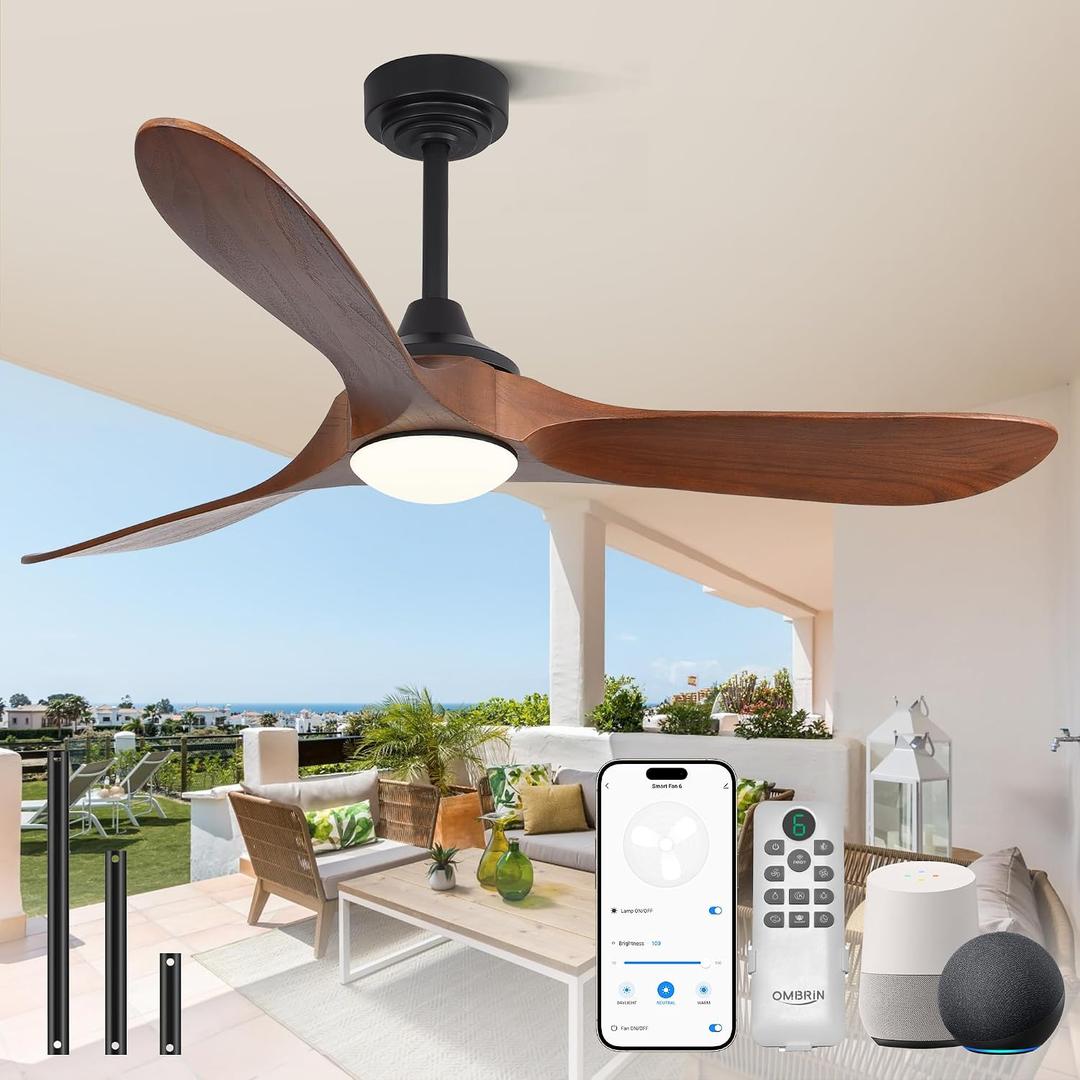 52 inch Outdoor Ceiling Fans with Lights,Smart Wood Ceiling Fan for Alexa,Google & APP Control,Indoor/Outdoor,3 Blades,3CCT Dimmable,Red Walnut,Downrod Mount for Patio Porch