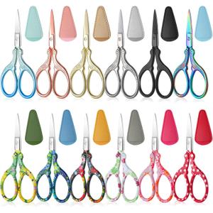 Therwen 12 Pcs 3.6 Inch Embroidery Scissors with Artificial Leather Cover Sewing Scissors Stainless Steel Vintage Craft for Crafting Threading DIY Needlework Art Manual Handicraft