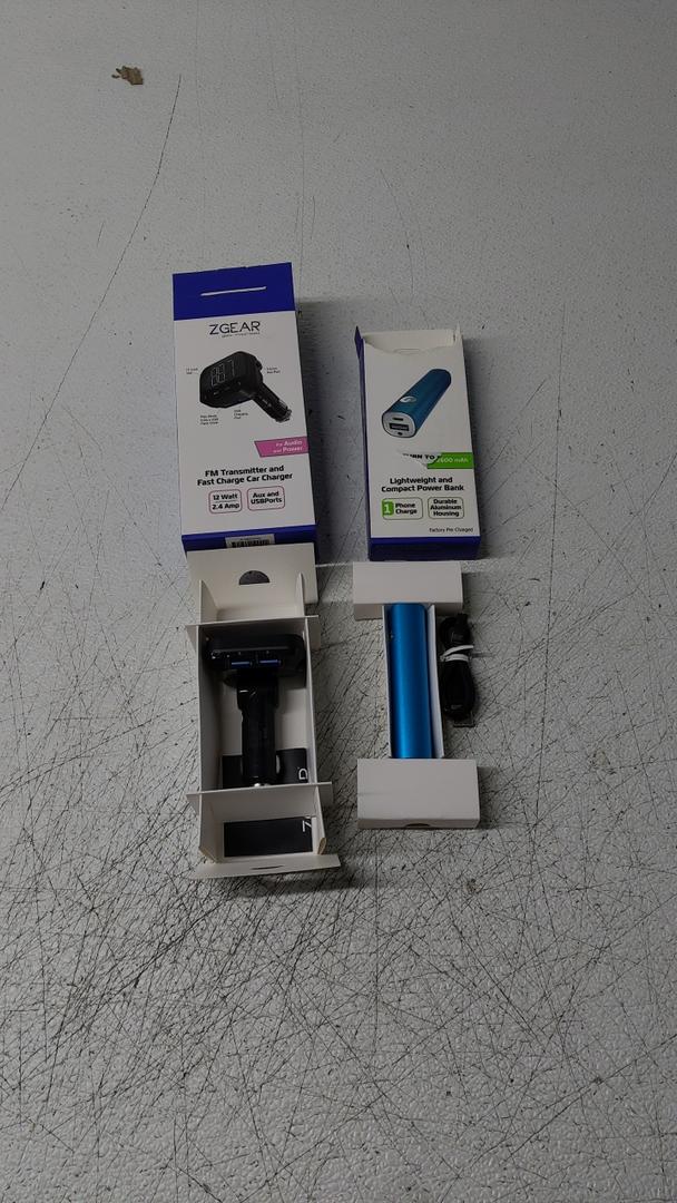 Lightweight Compact Power Bank for 1 Phone Charge 2600 mAh and FM Transmitter and Fast Charge Car Charger 12 Watt/2.4 Amp Lightweight Compact Power Bank for 1 Phone Charge 2600 mAh and FM Transmitter and Fast Charge Car Charger 12 Watt/2.4 Amp