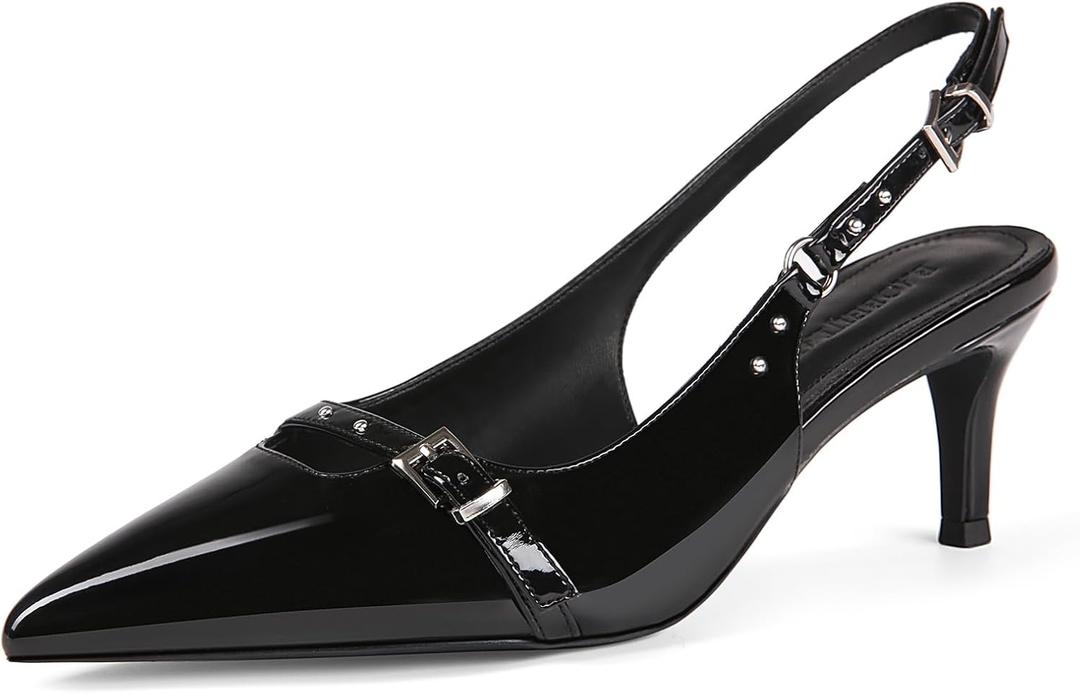 baobeijiadao Womens Slingback Heels Pointed Toe Slip On Pumps Closed Toe Kitten Heel Heeled Sandals Patent Leather Dress Shoes for Women (8.5, Black)