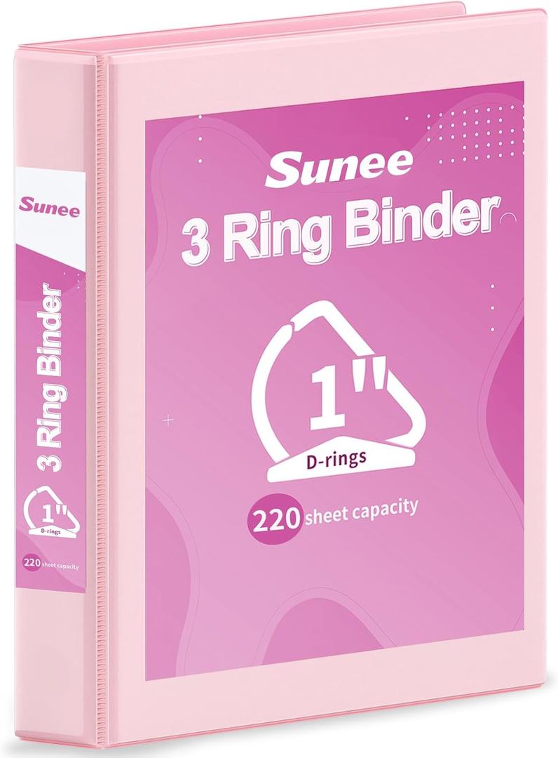 SUNEE 3 Ring Binder, 1 Inch D Ring, Clear View PVC-Free (Fit 8.5x11 Inches), Pink, 1 Pack