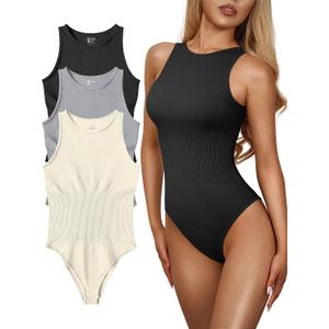 OQQ Women's 3 Piece Bodysuits Sexy Ribbed One Piece Sleeveless Halter Neck Tops Leotard Summer Trendy, S