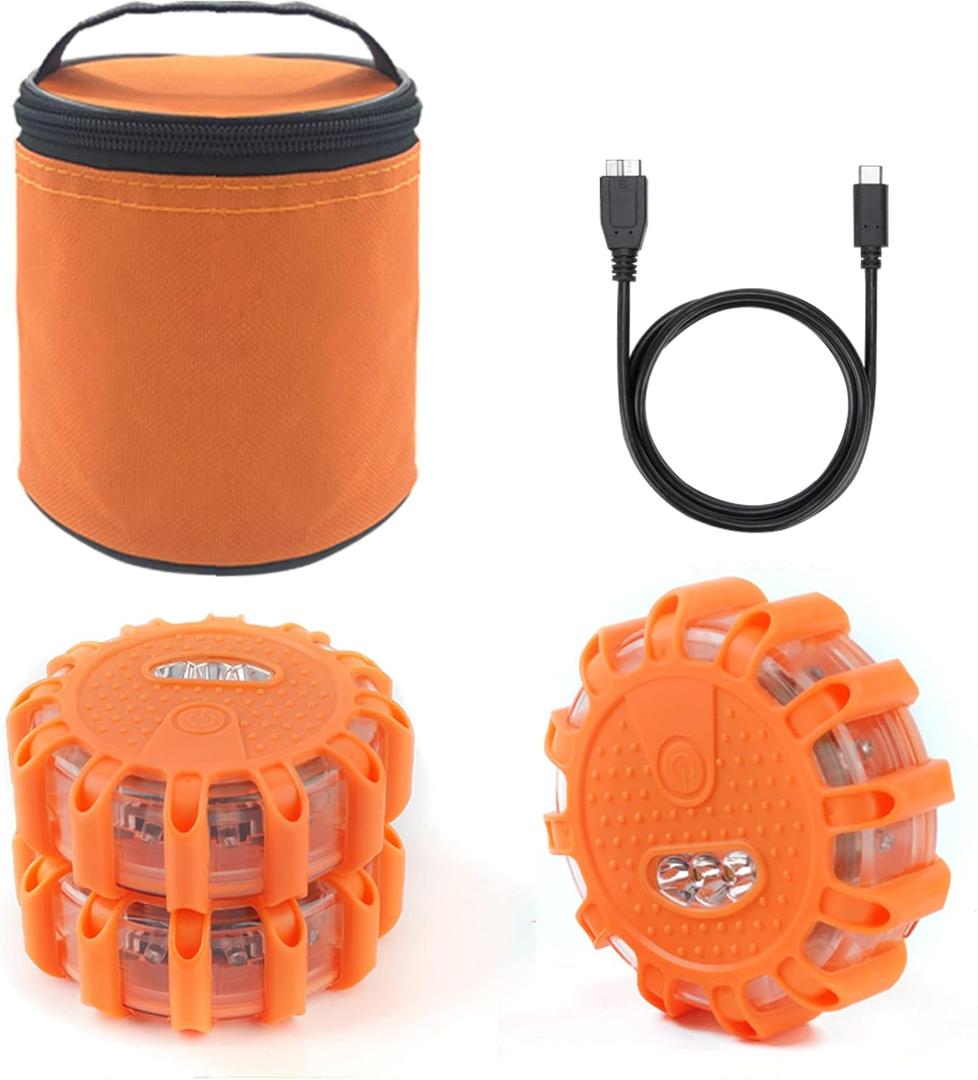 Ecoangel USB Rechargeable LED Road Flares Emergency Lights-Roadside Warning Car Safety Beacon Flashing Disc Flare Kit with Magnetic Base for Vehicles & Boat | 3 Beacon Disc Pack