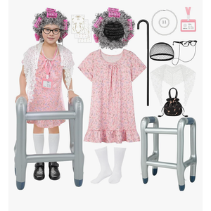 SOMSOC 13 Pcs Old Lady Costume for Kids Girls 100th Day of School Grandma Costume Granny Dress with Shawl Wig for Cosplay 5-7Y