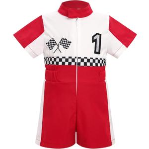 IDOPIP Baby Boys 1st 2nd Birthday Outfit Race Car Driver Romper Girls Boy Racer Jumpsuit Racing Suit Toddler Dress up Costume (9-12 Months, Red)