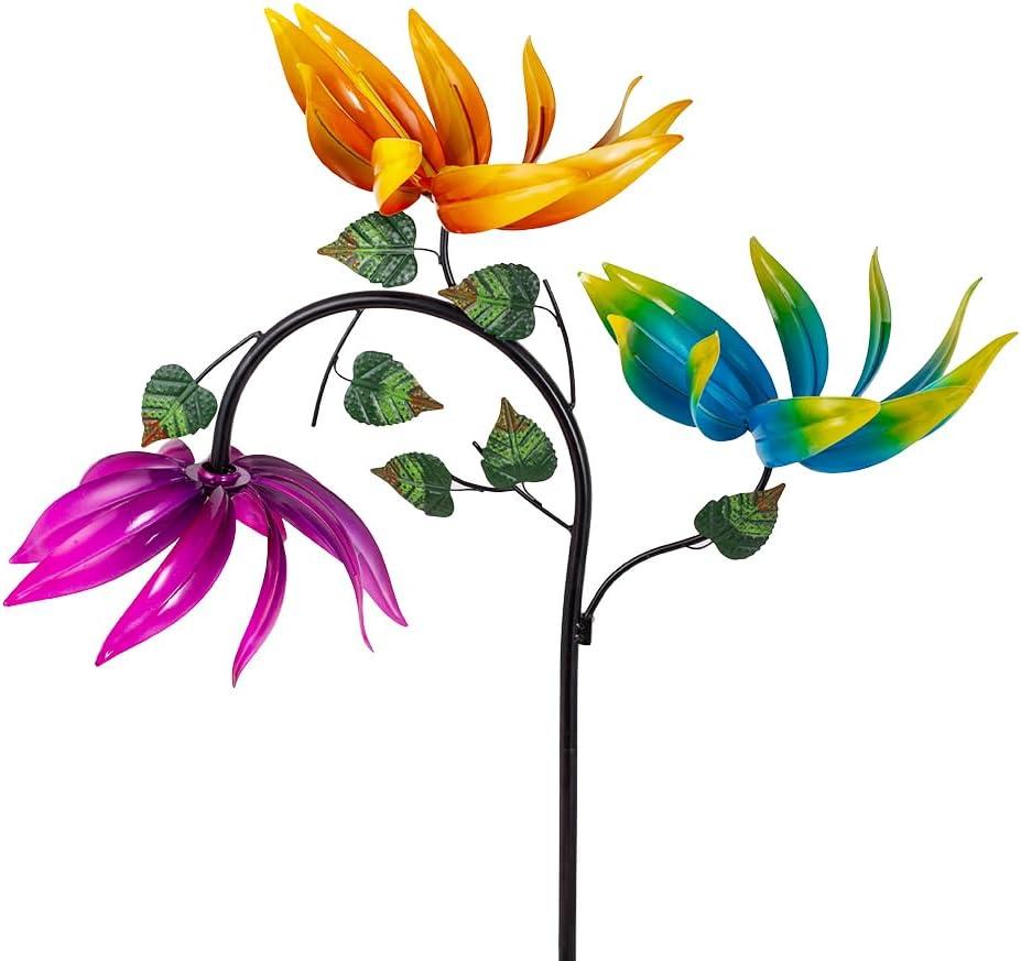 24" Large Wind Spinner Outdoor - Heavy Duty Multi Colored Flowers Wind Sculpture with Metal Stake, Three Flower Design Pinwheels for Yard and Garden Decor