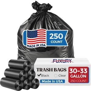 Fuxury 30-33 Gallon Trash Bags Medium Duty, 250 Count Garbage Bags, 32 x 38" Extra Large Black Trash Bags, 0.6 Mil Plastic Bags for Serious Garbage Cleanup, Made in USA