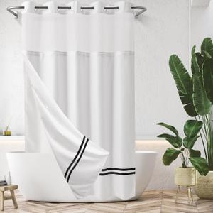 River Dream Extra-Long Shower Curtain with Snap in Liner,No Hooks Needed Shower Curtain for Bathroom,Hotel Grade,Machine Washable,71" W86" H,White,with Black Stripe and Magnets