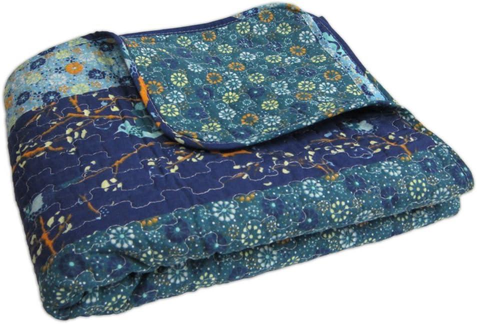 Lush Decor Royal Empire Reversible Cotton Throw Blanket, 50" W x 60" L, Peacock - Colorful Boho Patterns - Blue Throw - Fall Quilted Throw - Bohemian Striped Cotton Blanket For Bed, Couch, Or Chair