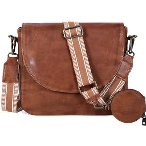 Genuine Leather Shoulder Crossbody Purse For Women with Adjustable Strap, Mobile Pocket & Outside & Inside Zipper (Tan Web Coin)