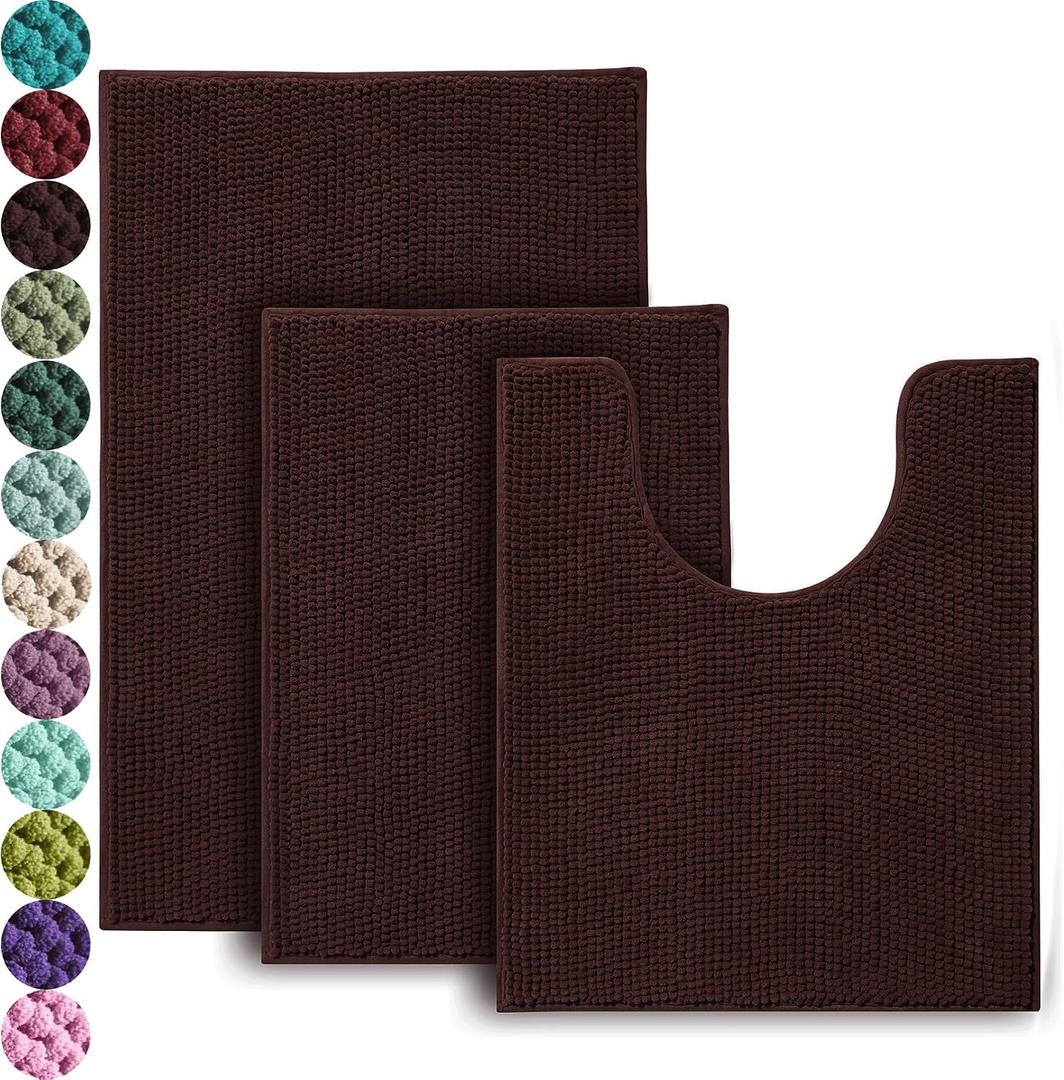 Urvoix Bathroom Rugs Set - 3 Pieces Ultra Soft Non-Slip Bath Mats, Chenille Absorbent Bath Rugs for Bathroom, Tub and Shower (Brown), 20"x32" / 17"x24" / 20"x24" Contour