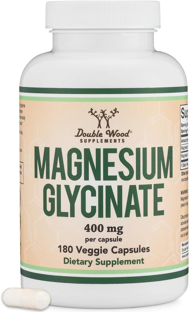 Magnesium Glycinate 400mg, 180 Capsules (Vegan Safe, Third Party Tested, Gluten Free, Non-GMO) High Absorption Magnesium by Double Wood Supplements, Best By 09/2026