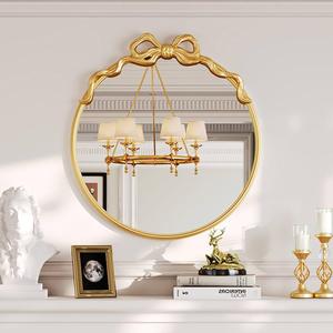 PERHOM Round Gold Bow Mirror Modern Circle Vanity Mirror 30"x28" Decorative Vintage Baroque Ornate Mirror Wall Decor with Metal Frame for Living Room Bedroom Nursery Bathroom Entryway Hallway