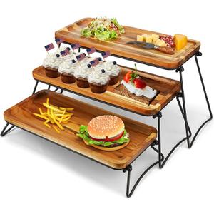 Eco-Friendly Cupcake Stand - Cheese Charcuterie Boards - Food Platter Serving Tray - Acacia Wooden Tower Dessert Table Display Set - 3 Tiered Decor Small Rustic Wood Platter Trays - For Family Parties