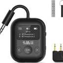 1Mii Safefly Min+ Bluetooth Transmitter and Receiver for Airplane/TV to 2 Bluetooth Headphones, 3.5mm Aux Wireless Audio Adapter with Screen for AirPods, Flight, Gym, Car/Home Stereo, Travel (Black)