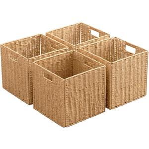 Foldable Storage Baskets with Handles Paper Rope Storage Baskets Rectangle Collapsible Hand Woven Storage Cubes Bins for Organizing Shelves Living Room Bedroom Pantry (4, 13'' x 13'' x 13'') (Natural)
