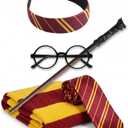 Wizard Costume Accessories for Women Girls, Wand Scarf Glasses Tie Headband for Halloween Cosplay
