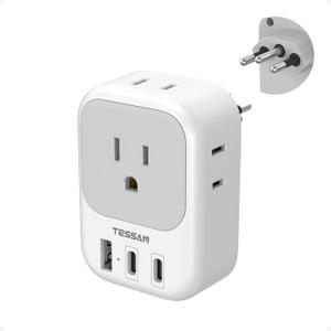 TESSAN Brazil Power Adapter, 7 in 1 US to Brazil Adapter Plug with 3 USB Ports (2 USB C) 4 American Outlets, Type N Travel Adaptor for USA to Brazilian Brasil
