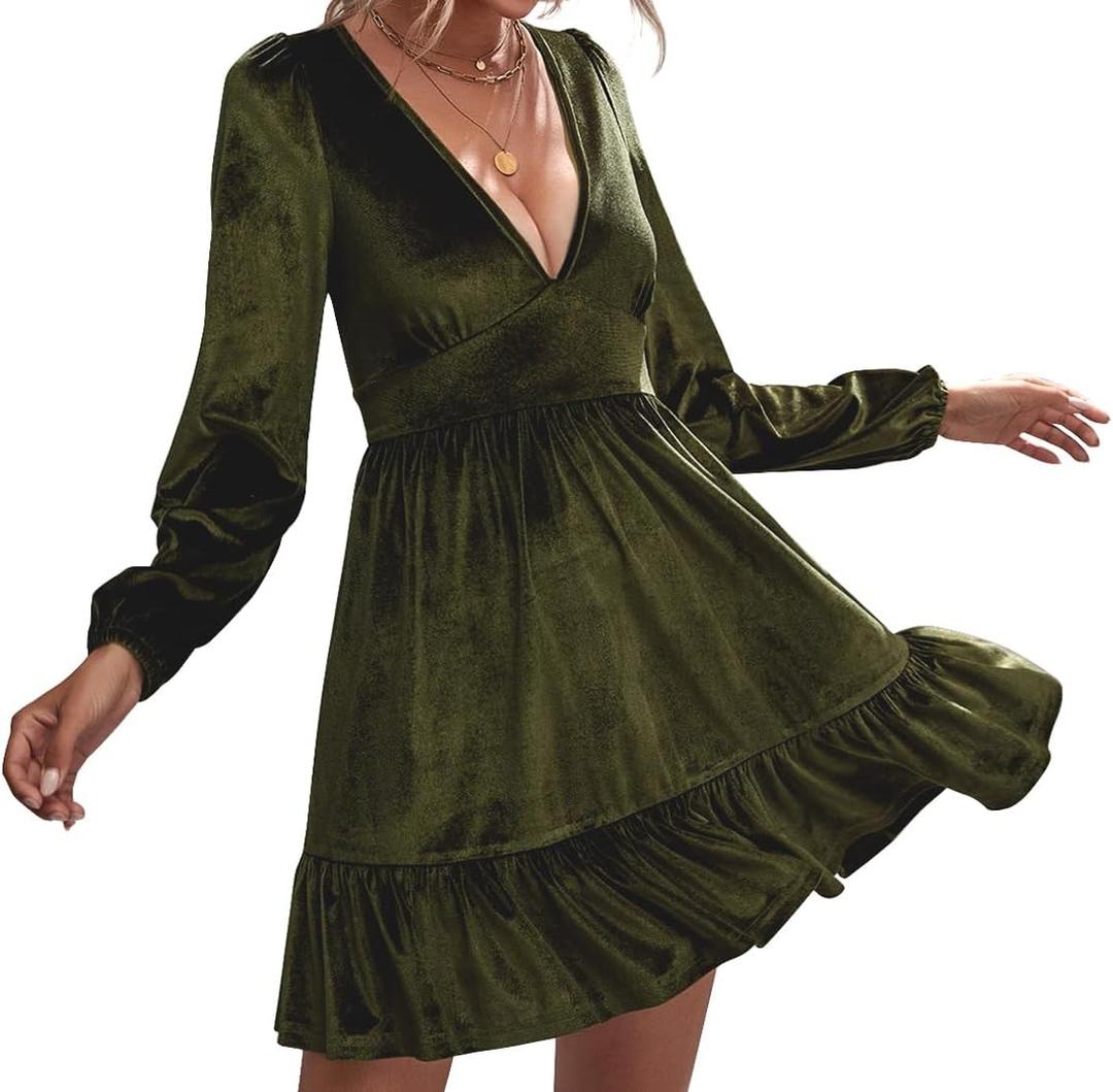 ROYLAMP Women's Dresses Velvet Deep V-Neck Long Sleeve Ruffle Mini Swing Sexy Cocktail Shift Dress (Medium, Dark Green)