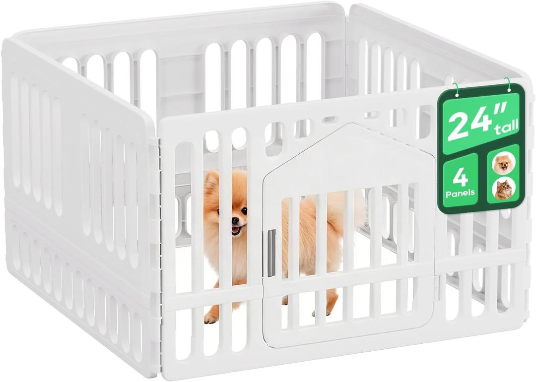 FDW Dog Playpen with Door, 24 Inch Puppy Play Pen for Small Dogs, Indoor Outdoor Plastic Pet Fence, Secure Locking Gate Pen, 38" L x 38" W x 24" H, White (4 Panels)
