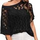 GRACE KARIN Crochet Tops for Women Summer Hollow Out Sweaters 2025 Off Shoulder Pullover Short Sleeve Beach Coverup Black, Small