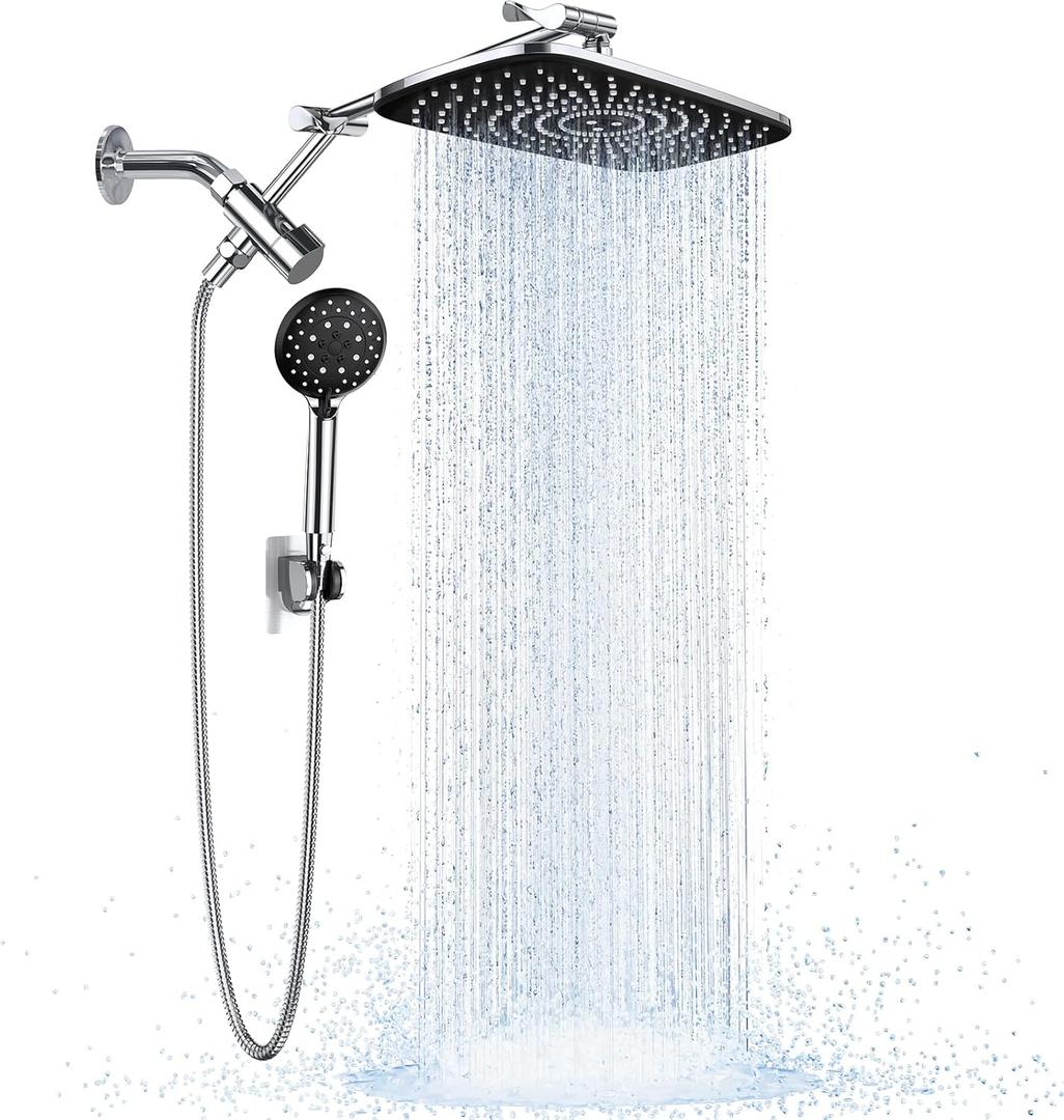 Veken [1.8gpm Eco-Flow] 11.8 Inch Rain Shower Head with 6 Modes Handheld Water Spray,Wide Showerhead Combo with Extension Arm-housewarming gifts, Dual Shower with Anti-Clog Nozzles,Silver Chrome