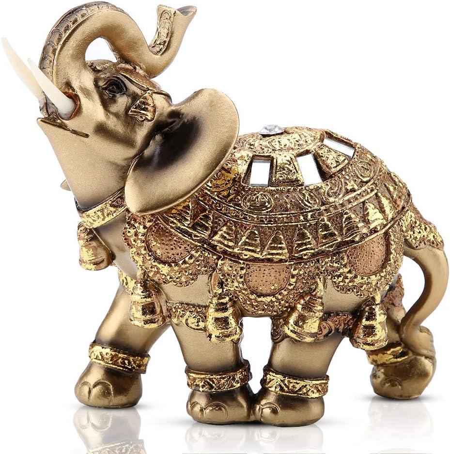Golden Elephant Statue 5.5 Feng Shui, Thai Elephant with Trunk Upwards Collectible Figurine Sculpture Decoration, Wealth Home Office Decor Gift