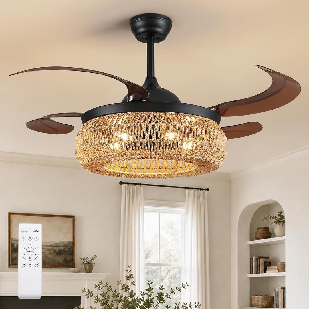 48" Retractable Boho Ceiling Fan with Lights and Remote Rustic Fandelier Bladeless Invisible Ceiling Fan Industrial Ceiling Fan for Farmhouse Living Room Ding Room Bedroom